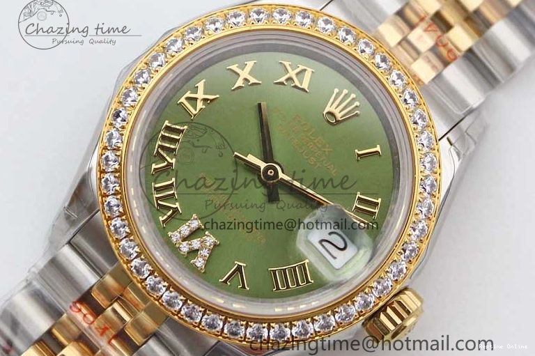 1219 Bright Lady DateJust 28 SS YG TWF Diamonds Bezel 1:1 Best Edition Green Dial Roman Markers on Jubilee Bracelet NH 2135